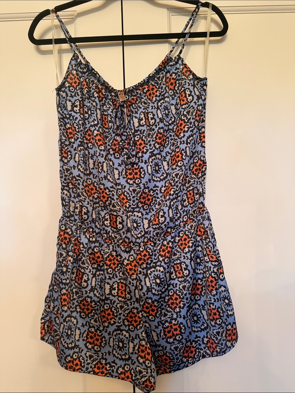 Light Blue & Orange Printed Spaghetti-Strap Women’s Romper